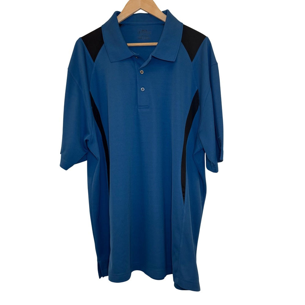 PGA Tour Mens XXL Blue Black Colorblock Short Sleeve Golf Polo Shirt Performance